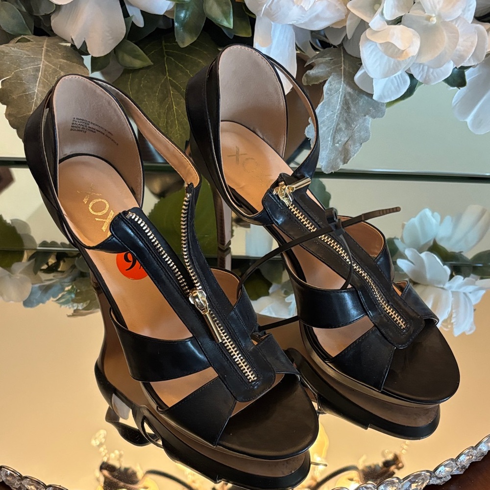 XOXO Black and Tan Heels with Zipper Detail